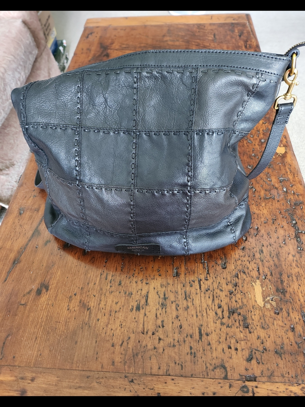 American Leather Co,Black Patchwork Leather Shoulder Bag with Gold-Tone Hardware